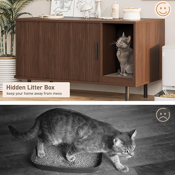Cat Litter Box Enclosure with Cat Scratch Pad, Sliding Door, 37.4" Litter Box Enclosure Furniture Hidden Litter Box, Modern Indoor Cat House, TV Stand, Side End Table for Living Room, Walnut