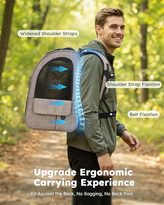 Pecute Cat Backpack Carrier Expandable, Pet Backpack for Cats & Small Dogs Up to 11lbs, with 4-Side Breathable Mesh, Multi-Entry & Lockable Zippers for Travel, Hiking, Camping - Hands Free, Khaki