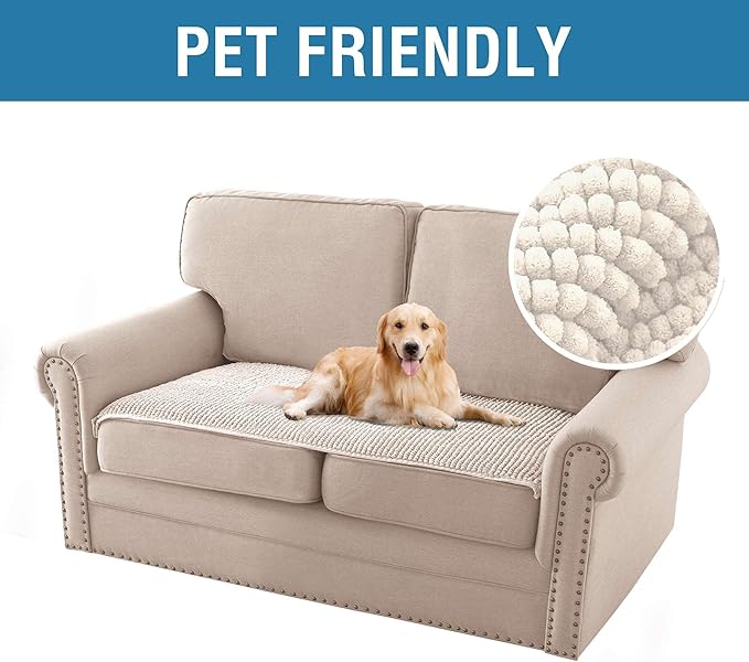 H.VERSAILTEX Plush Chenille Couch Cover for 3 Cushion Couch Anti Slip Washable Sofa Slipcovers Soft and Durable Furniture Protector for Dogs Cats Kids (27.5" x 59", Ivory)
