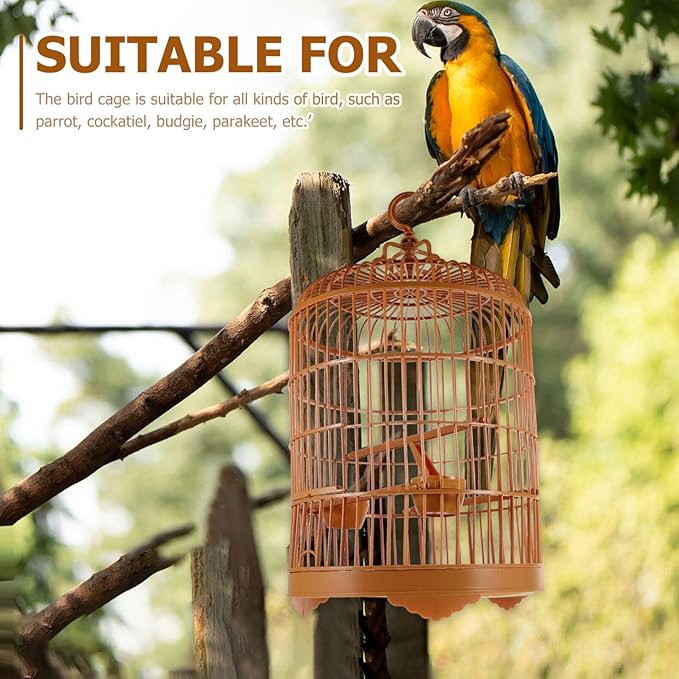 VILLCASE Round Bird Cage for Small Birds, 9.8" X 17.6 “ Plastic Travel Carrier for Parakeets Budgies Finches, Vintage Hanging Style Birdcage Prop with Feeder Cups for Vet Visits & Decor Snap-Fit