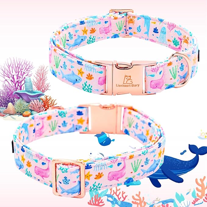 Lionheart glory Dog Bow Collar Sea Animals Print Pink Dog Collar for Large Dogs,Female Male Dog Collars with Bowtie Spring Summer Collars Soft Adjustable Pet Collar Bows