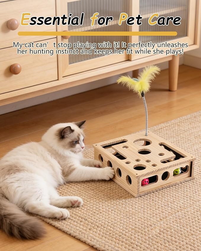 Cat Interactive Box Puzzle Toy - Cats Indoor Hunting Play Toy with 3 Jingle Balls & 1 Feather Wand, Wooden Cat Puzzle Treat Toy Box Energize Cat Instincts for Bored Cats,Eco Friendly