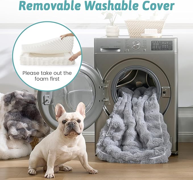 Orthopedic Dog Bed for Medium Small Size Dog, Soft and Warm Faux Fur Sofa for Pet Up to 40 lbs, Foam Bolster Anti-Slip Couch with Washable Removable Cover, M 30x20x6.5 inch, Beige