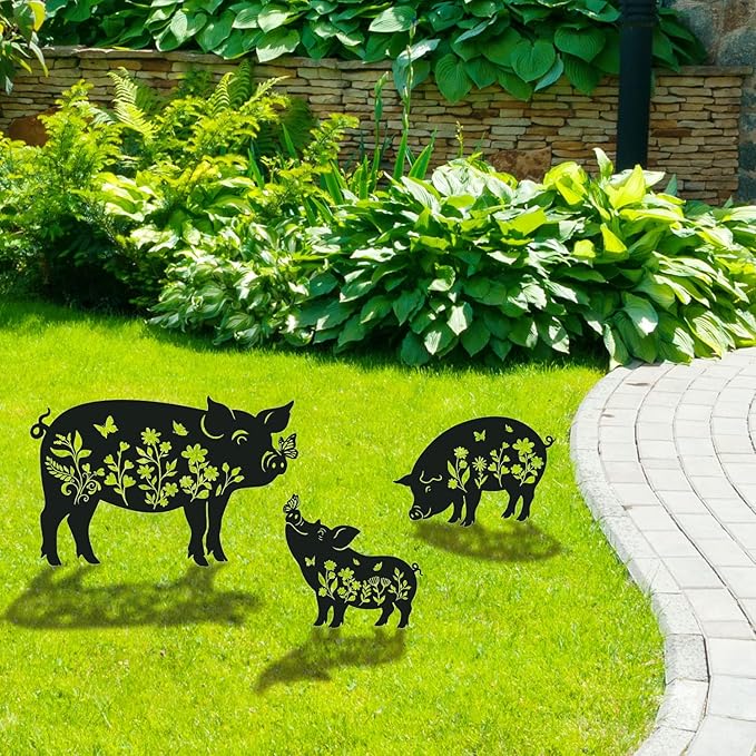 Pig Metal Garden Stakes Yard Decor, 3PCS Pig and Butterfly Silhouette Outdoor Garden Decor for Yard Art, Patio, Outside, Lawn Ornaments