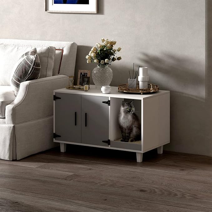 GDLF Modern Wood Pet Crate Cat Washroom Hidden Litter Box Enclosure Furniture House as Table Nightstand with Scratch Pad,Stackable (Gray & White)