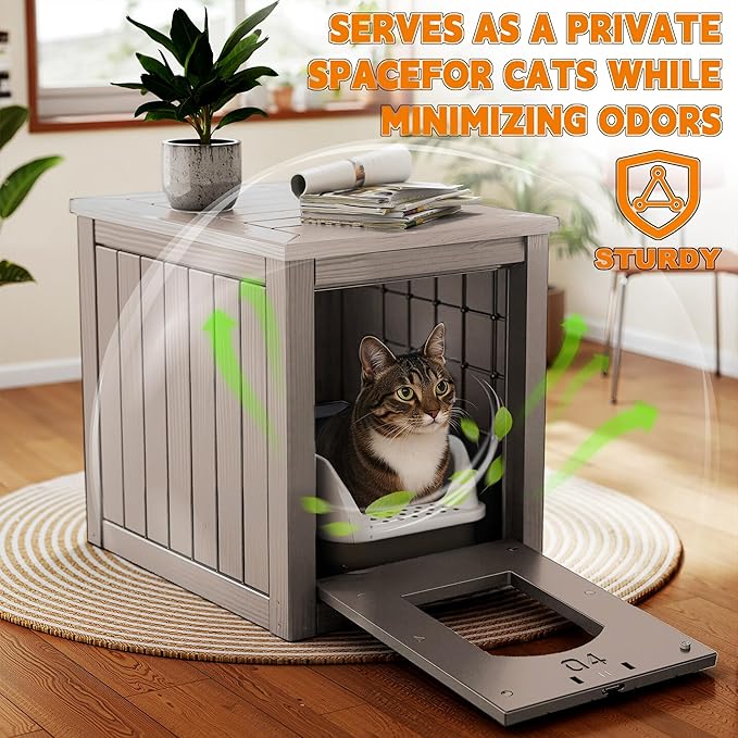 Cat Litter Box Enclosure, Multi-Functional Hidden Litter Box Furniture & Indoor Outdoor Cat House with Side Table Design, Openable Front Door & Raised Floor, Easy to Clean & Assemble, Grey