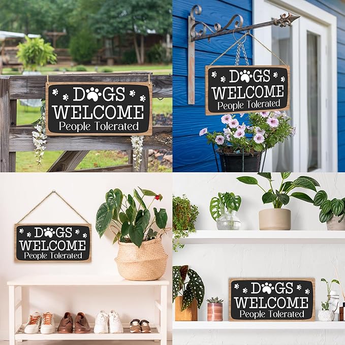 Dog Welcome People Tolerated Dog Lover Rustic Wooden Hanging Sign Decor, Front Door Wall Decor Sign Wood Plaque for Farmhouse Garden Home Porch Entryway, Pet Paw Hanging Wall Art Gift (1 pack)-11