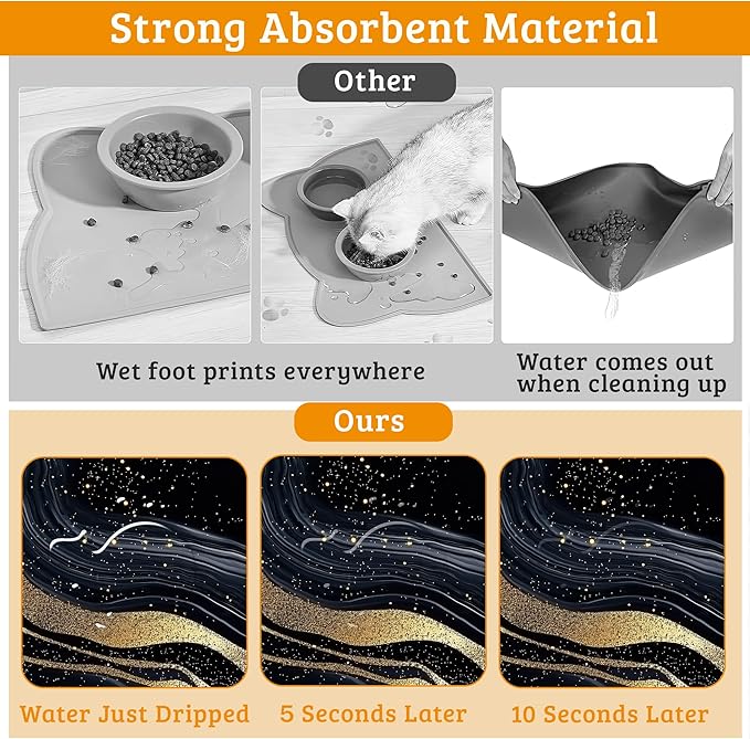 Dog Bowl Mat,Abstract Marbled Pet Feeding Mat for Floors Waterproof,Gold Black Absorbent Dogs Placemat for Food and Water Quick Dry Pet Cat Feeding Mats with Non Slip Bottom 16" x 24"