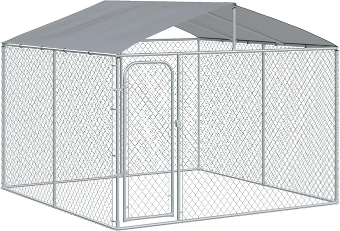 PawHut Outdoor Dog Kennel, Heavy Duty Dog Run Outdoor Fence with Waterproof Cover, Galvanized Chain Link, Secure Lock, 9.8' x 9.8' x 7.7'