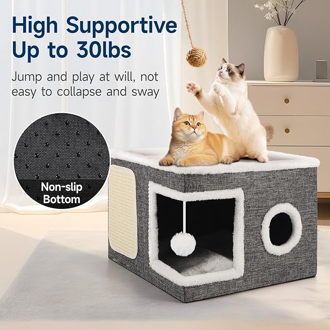 Shikha Cat Beds for Indoor Cats, Large Cat Cave with Cozy Condo, Fluffy Ball, Round Window, Foldable Indoor Cat House Hold Up to 30LBS, Cat Hideaway with Reversible Cushions for All Seasons, Grey