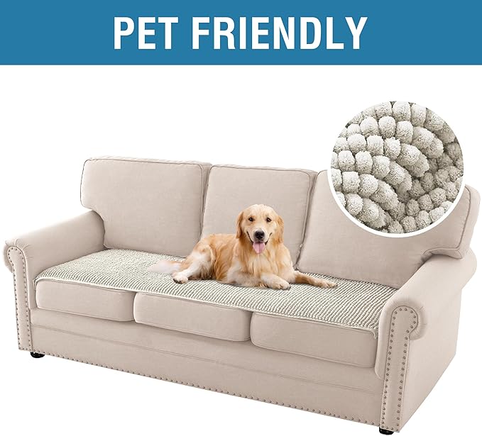 H.VERSAILTEX Plush Chenille Couch Cover for 3 Cushion Couch Anti Slip Washable Sofa Slipcovers Soft and Durable Furniture Protector for Dogs Cats Kids (27.5" x 71", Oatmeal)