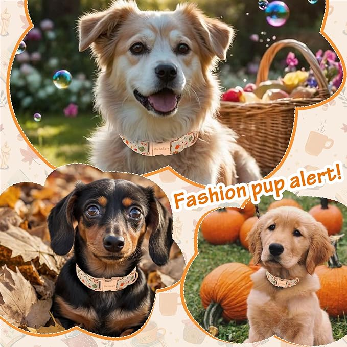 Autumn Dog Collar，Soft Cotton Handmade Pet Collar with Autumn Tea Party Design for Small Medium Large Dogs, Adjustable Collars for Fall Walks，Tea-Time Adventures & Fireside Snuggles -M