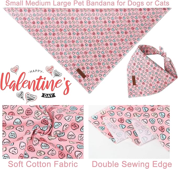 Valentine Dog Bandana - Pink Heart Triangle Bid Scarf for Small & Medium Dogs, Cotton Kerchief for Girls & Boys, Red & Adorable Puppy Bandana