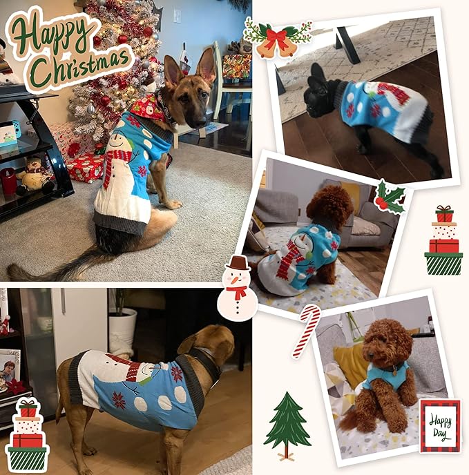 Pet Christmas Dog Sweaters Cute Animal Snowman Printed Puppy Xmas Costumes Winter Warm Turtleneck Jumpers Puppy Knitted Clothes Cat Outfits (S, Blue Snowman)