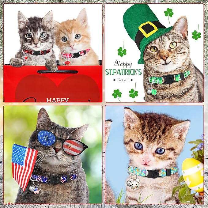 Talltalk 15 Pcs Holiday Cat Collars St. Patrick's Day Easter Adjustable Breakaway Cat Collars Bundle with Plastic Buckle for Independence Day Seasonal Holiday Pet Kitten