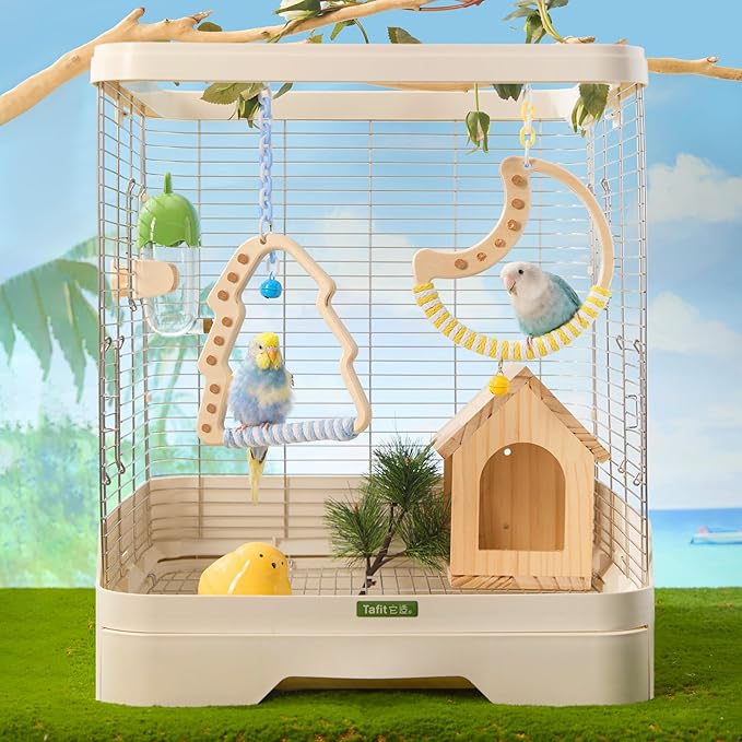 Natural Bird Swing - Tree-Shaped Parrot Perch with Bell and Cork Toys, Spinning Wooden Stand for Parakeets, Budgies, Lovebirds and Small/Medium Birds (White + Green)