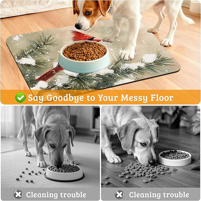 Pet Feeding Mat,Cardinal Bird Absorbent Dog Cat Food Mat Christmas Dog Mat with Rubber Backing,Non-Slip Water Bowl Placemat,Pet Supplies 16" x 24"
