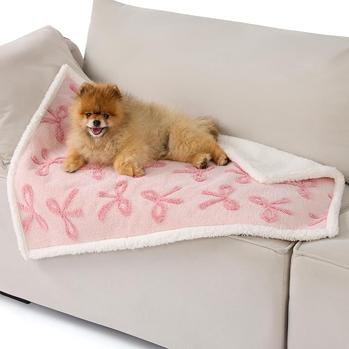 LE SURE Waterproof Puppy Blanket for Small Dogs - Washable Double Sided Dog Blankets with Warm Jacquard Shag and Soft Sherpa Fleece, Pet Cat Blanket for Couch Protection, Bow Design，Pink Taffy