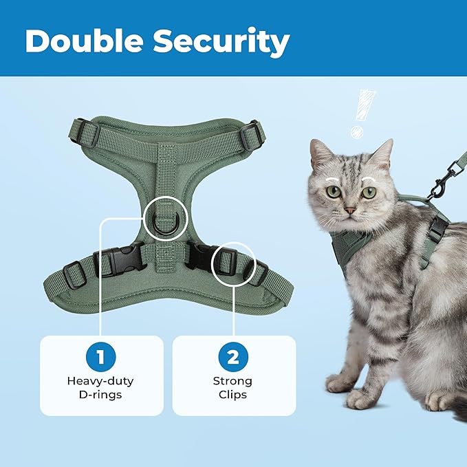Voyager Escape-Proof Step-in Lock Cat Harness & 5ft Neoprene-Handle Leash Set All-Weather Mesh with Reflective Stitching for Small to Large Cats by Best Pet Supplies, Moss Green (327), S