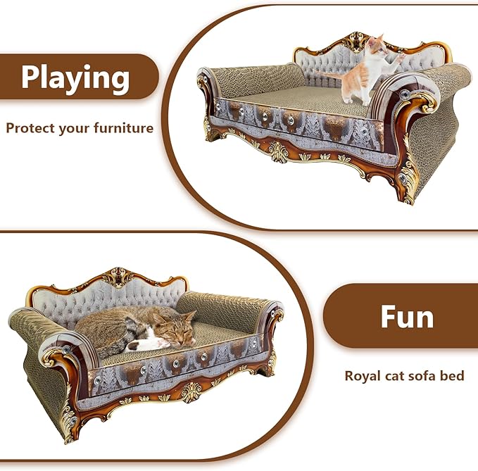 Luxury Cardboard Cat Scratcher Sofa Bed, Couch Shaped Cat Scratching Board, Scratch Lounge with Catnip, Scratcher for Indoor Cats Kittens Kitties Grey