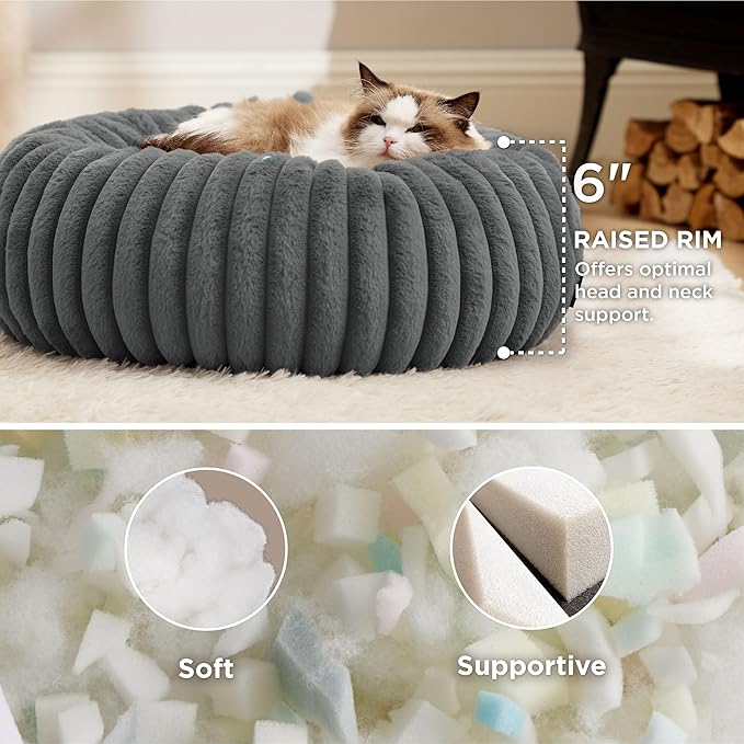 Bedsure ComfyFleece™ Cat beds for Indoor Cats - Donut Dog Beds for Small Dogs with Corduroy Fleece & Anti Slip Bottom, Faux Fur Pet Beds with Washable Removable Cover, Warm Grey, 20x20x6 inches
