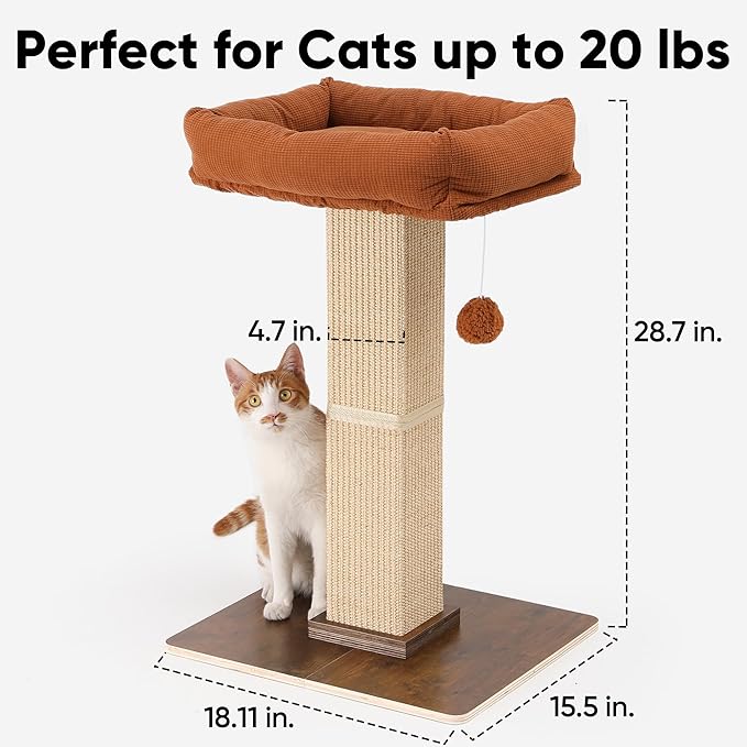 FUKUMARU Cat Scratching Post, Retro-Style Tall Scratch Posts with Perch for Infoor Cats Adults, Large Cat Scratcher Tower with Bed, Natural Sisal & Solid Wood