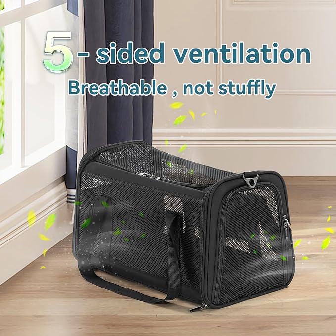 Airline Approved Cat Carrier, Soft-Sided Collapsible Pet Carrier for Travel, 3 Carrying Ways, Lightweight and Ventilation on 5 Sides, Escape Proof, with Soft Fleece Pad
