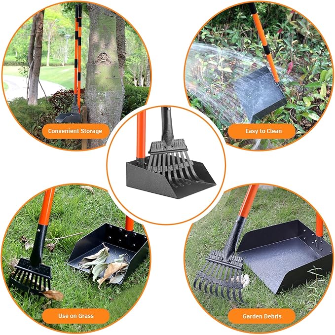 Pooper Scooper, Long Handle Dog Pooper Scooper for Medium Small Dogs Heavy Duty, Pet Supplies Stainless Metal Tray and Rake Set, Use on Grass, Dirt or Gravel