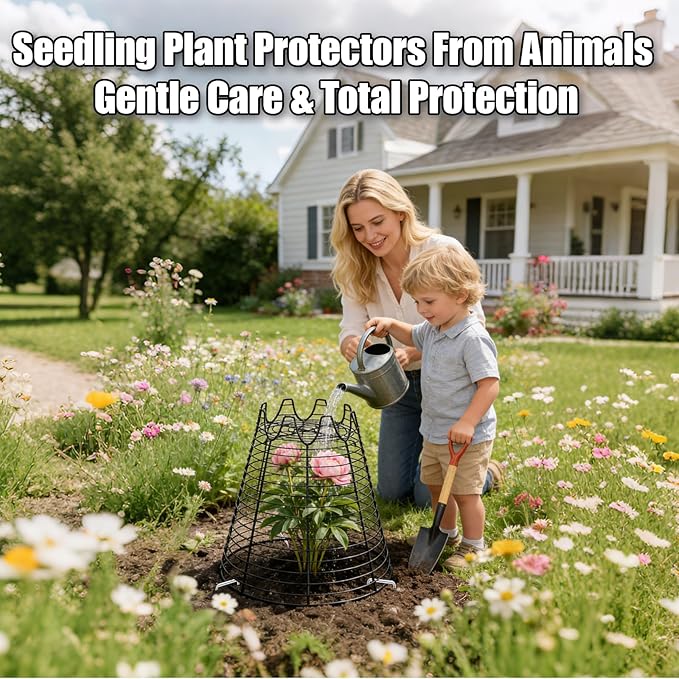 4 Pcs 11.6"×11.6" Plant Protectors from Animals, Sturdy Metal Plant Cages for Outdoor Plants, Reusable Wire Garden Cloches, Plant Protector to Keep Squirrels, Rabbits, Birds, Black