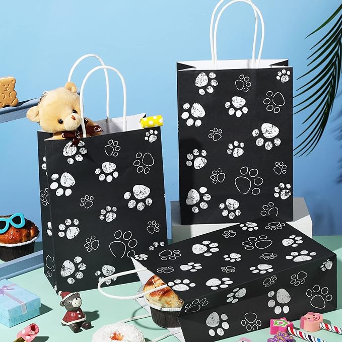 Blulu 20 Pcs Puppy Dog Paw Gift Bags with Paper Twist Handles, Dog Gift Paper Paw Treat Goodie Bags for PET Treat Party Favor, 6.3 x 3.1 x 8.6 Inch(Black Backing)