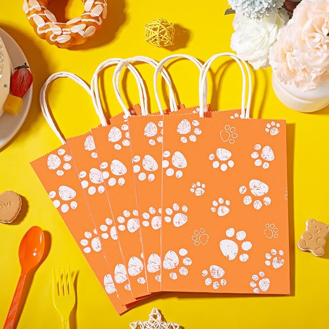 Blulu 20 Pcs Puppy Dog Paw Gift Bags with Paper Twist Handles, Dog Gift Paper Paw Treat Goodie Bags for PET Treat Party Favor, 6.3 x 3.1 x 8.6 Inch(Orange Backing)