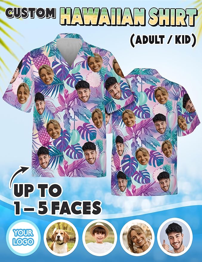 Custom Hawaiian Shirt with Face Photo Picture for Men Women Kids Youth Adult, Tropical Personalized Hawaiian Shirts Gift