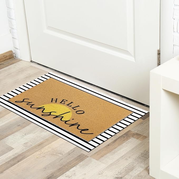 Tinideya 2 Pcs Summer Sunshine Door Mat Yellow Welcome Non Slip Coir Mats Stripe Floor Layering Doormats Seasonal for Front Porch Entryway Decor(Sunshine)