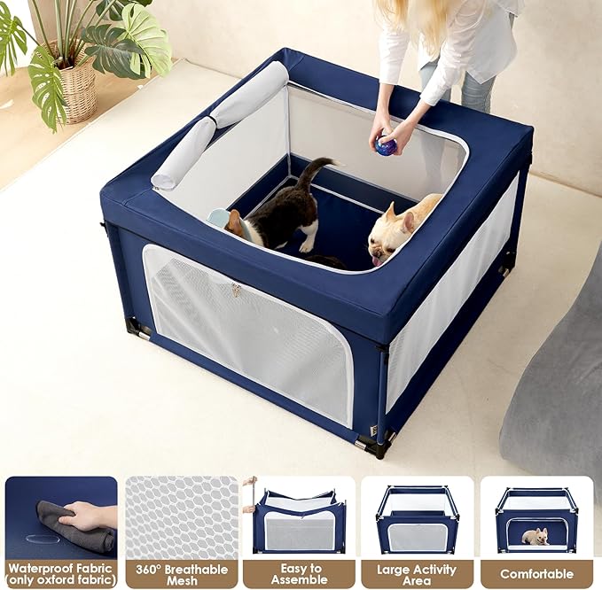 EHEYCIGA 42x42x26 Inches Puppy Playpen with Top Cover for Dogs & Cats Indoor or Outdoor - Dog Playpen with Door, Dog Fence for Small Animal with Heavy-Duty Oxford & Steel Frame, Navy
