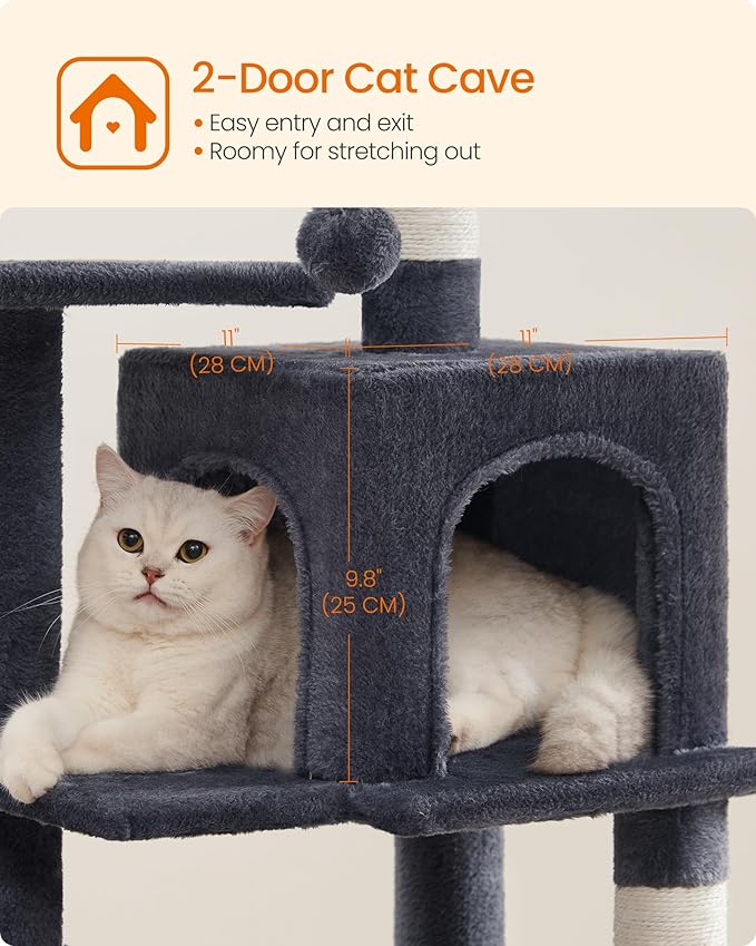 Feandrea Cat Tree, 44.1-Inch Cat Tower, Plush Multi-Level Condo with 4 Scratching Posts, 2 Perches, Hammock, Cave, Smoky Gray UPCT261G01