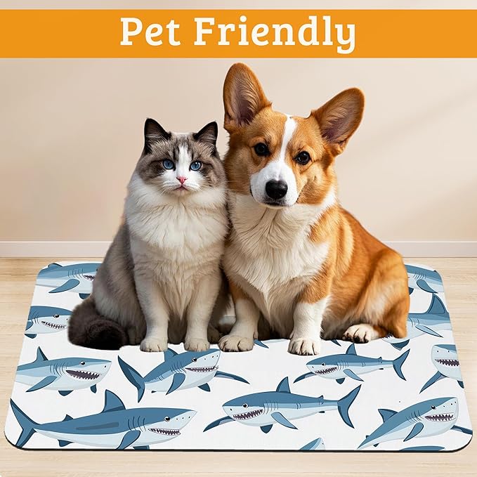 Shark Dog Food Mat,Wild Fish Absorbent Pet Feeding Mat for Food and Water Bowl,Quick Dry Dog Placemat Non Slip Rubber Backing Waterproof Pet Supplies 12" x 20"
