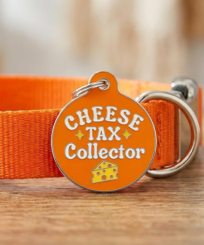 Bad Tags Personalized Dog and Cat ID Tags in 25+ Designs and 2 Sizes - 5 Lines of Custom Engraved Text - Funny Cute Personalized Pet Tags (Cheese Tax Collector, Large (1.25 inch))