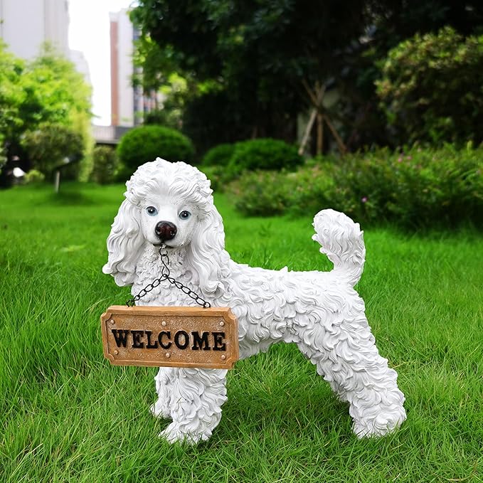 Poodle Statue Outdoor Decorations – Dog Statues Outdoor Standing White Poodle with Removable Solar Light & Welcome Sign for Lawn Décor