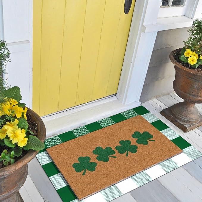 Tinideya 2 Pcs St. Patrick's Day Door Mat Shamrock Welcome Non Slip Green and White Coir Mats Floor Layering Doormats Seasonal for Front Porch Entryway Decor(Green White, St. Patrick's Day)