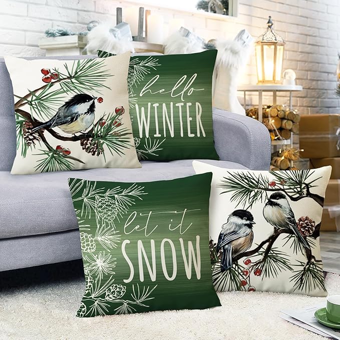 Fahrendom Hello Winter Green Decorative Throw Pillow Covers 18 x 18 Set of 4, Chickadee Pine Needle Branch Porch Patio Outdoor Pillowcase, Christmas Pine Cone Red Berry Sofa Cushion Case Home Decor