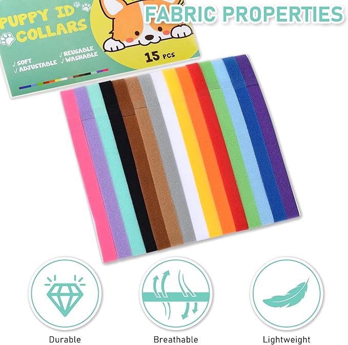 GAMUDA 15Pcs Newborn Puppy Collars, Super Soft Nylon Adjustable Whelping ID Bands, Assorted Colors Litter Identification Set with 6 Record Keeping Charts