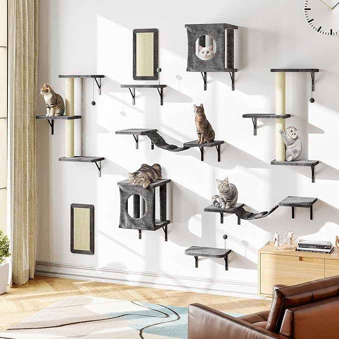 10-in-1 Cat Wall Shelves, Wooden Climbing Wall with Scratching Post, Wall Mounted Cat Furniture for Climbers, Space-Saving Cat Wall for Play & Rest, Drywall & Solid Walls