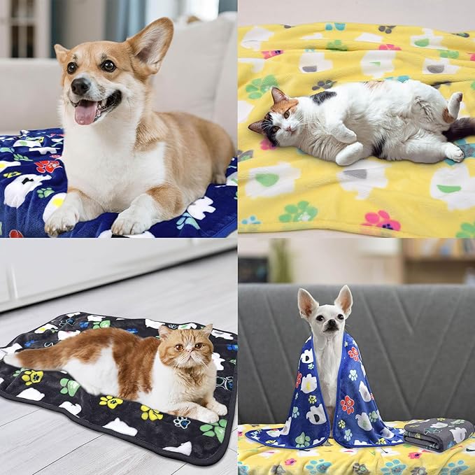 Rezutan 1 Pack 3 Dog Blanket for Large Dogs,41x31 inch for Medium Soft Fluffy Washable Pet Cat Blankets,Reversible Elephant & Paw Print for Dog Kennels & Beds, Sofas, Blue