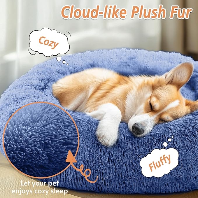 JOLLYVOGUE Calming Dog Bed Large Size Dog, Anti-Anxiety Donut Large Pet Bed, 36 inches Fluffy Faux Fur Round Cat Bed, Fits up to 75 lbs Pets (Navy Blue)