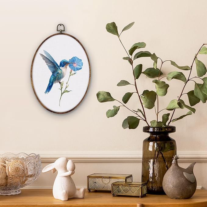 DILSJ Blue Hummingbird Floral Oval Wall Art Decor, Bird Hummingbird Canvas Wall Art Framed, Rustic Farmhouse Bird Flower Hanging Decorations for Home Living Room Bedroom, 11x8.5 Inch