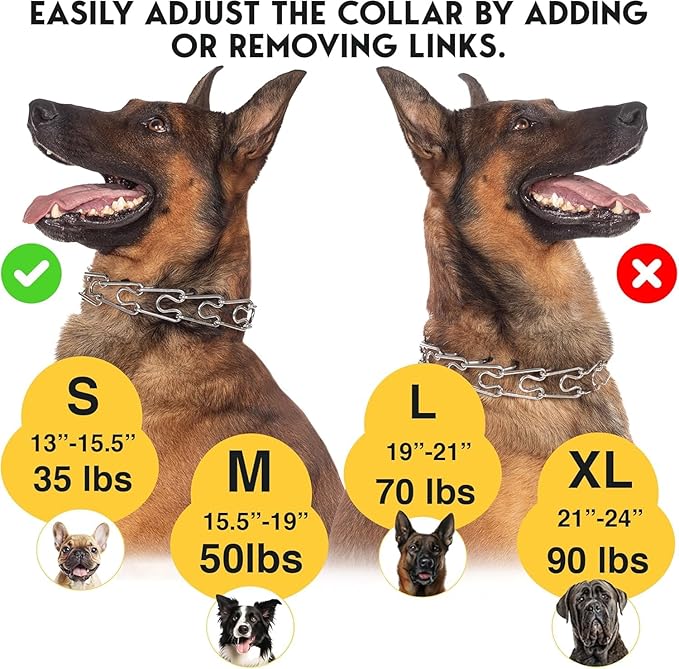 PetJett Prong Collar for Dogs - Adjustable Dog Training Collar Choke Collar for Dogs Pinch Collar for Dog, Quick Release Walking Tool for Small Medium Large Breed - Stainless Steel Metal Choker Chain