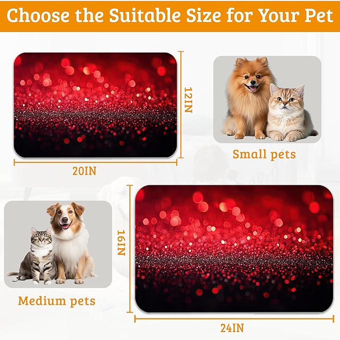 Red Gradienr Feeding Mat,Black Glitter Absorbent Quick-Dry Cat Dog Food and Water Bowl Mats,Non-Slip Rubber Backing Mat,Cat Dog Accessories Supplies 16" x 24"