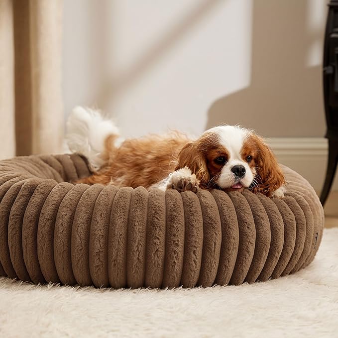 Bedsure ComfyFleece™ Donut Medium Dog Bed - Washable Faux Fur with Corduroy Fleece & Anti Slip Bottom, Round Pet Bed with Removable Cover, Camel Brown, 30x30x8 inches