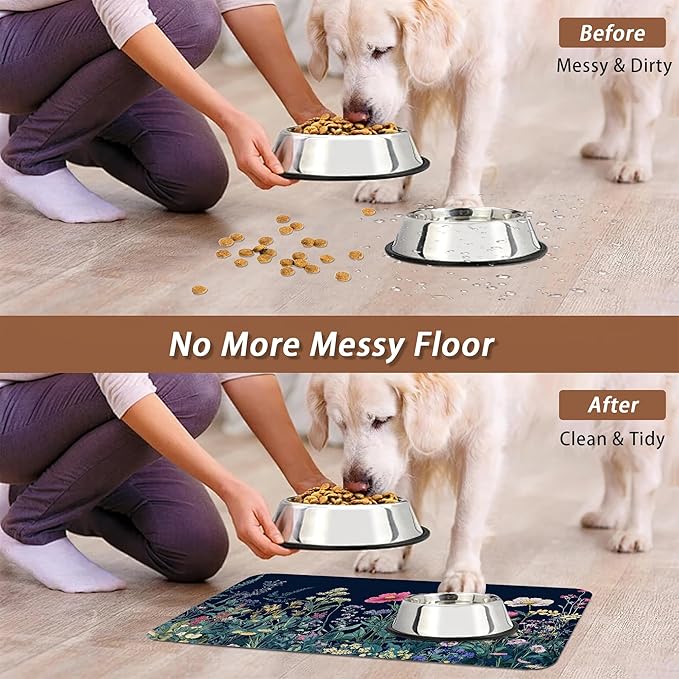 Wildflower Spring Floral Dog Cat Food Mat,Garden Flowers Absorbent Pet Feeding Mat for Food and Water,Non-Slip Dog Bowl Mats Floor Protector 12"x20"