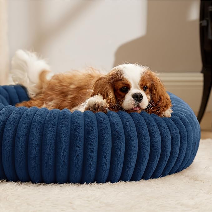 Bedsure ComfyFleece™ Donut Medium Dog Bed - Washable Faux Fur with Corduroy Fleece & Anti Slip Bottom, Round Pet Beds with Removable Cover, Night Blue, 30x30x8 inches